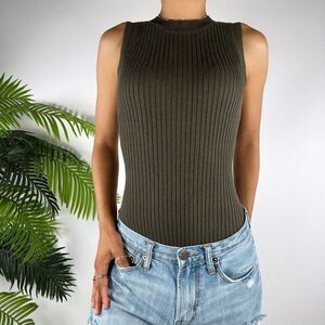 Altar'd State Women's Classy Granola Girl Green Ribbed Sleeveless Bodysuit / S